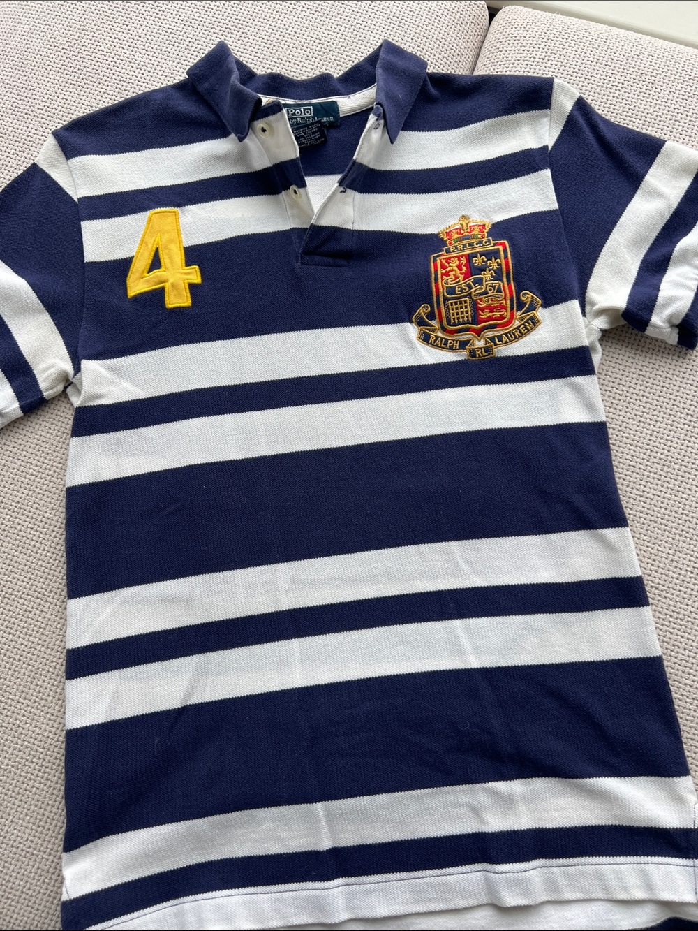 Ralph Lauren Kids Navy & White Striped Rugby Polo with Yellow Patch